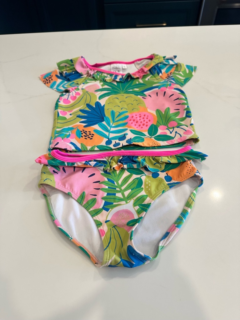 Mini Biden Tropical Fruit Print Girls Two-Piece Swim Set - Pink & Green